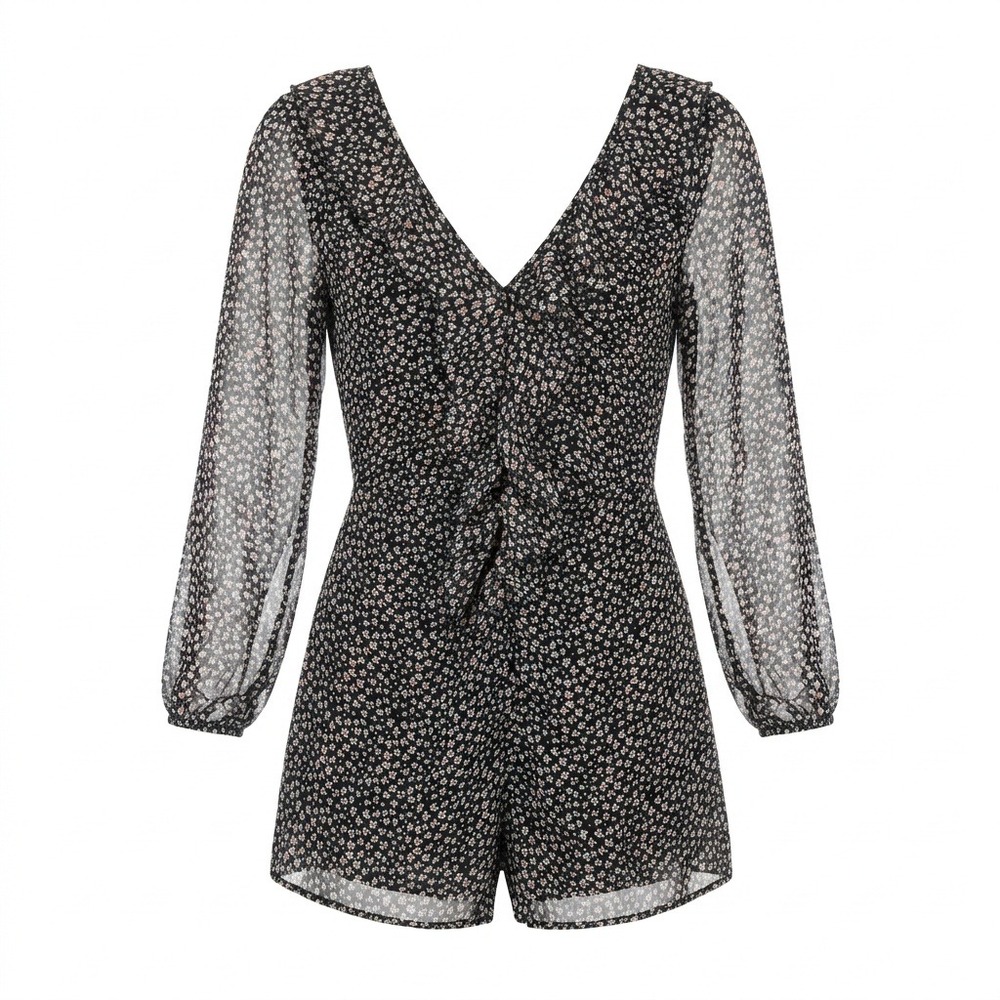 Zara Floral V-Neck Ruffle Romper Long Sleeve Ditsy Print‎ Black White Pink Sz M